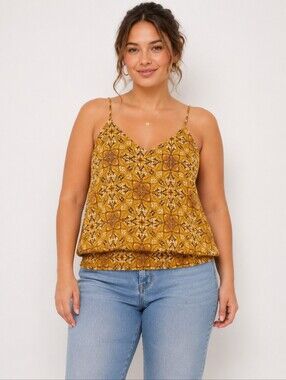Pink Republic NWT Juniors XXL Gold Mine Tile Smocked Hem Boho Cami Tank Top